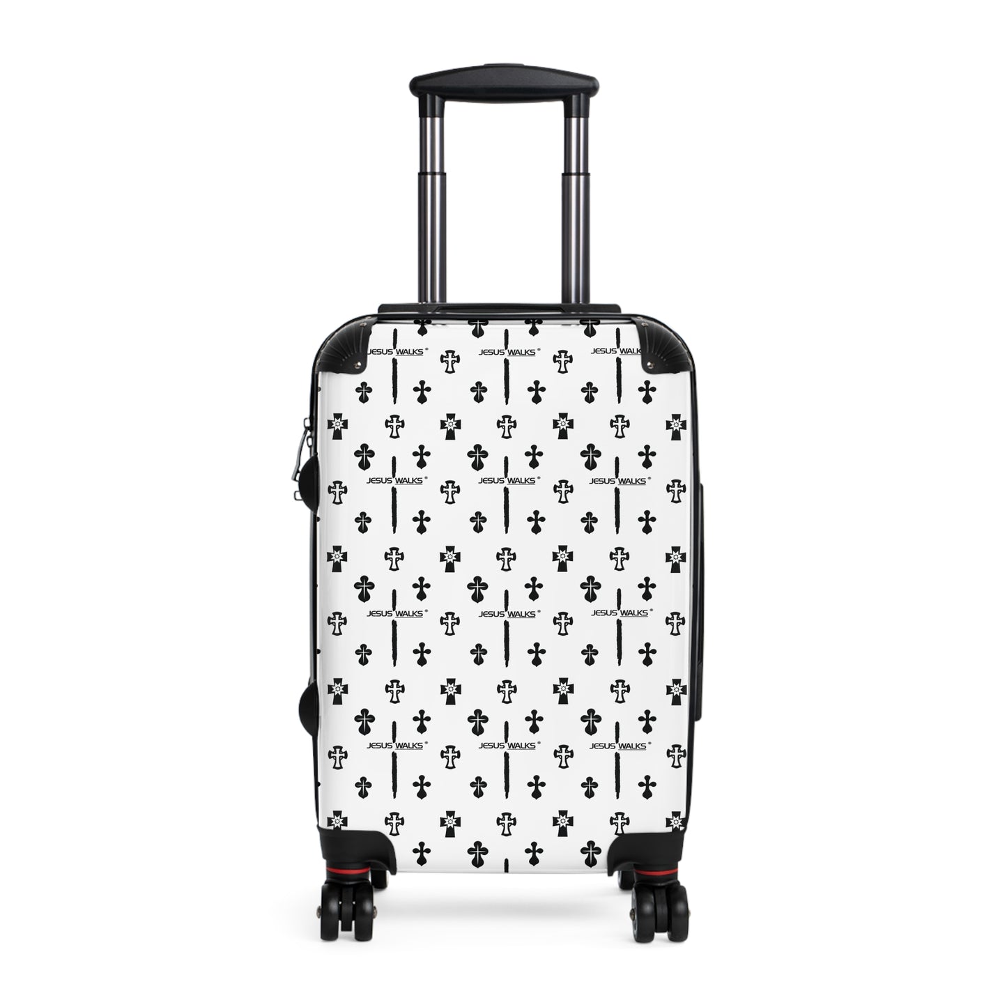 Black and white Jesus Walks patterned suitcase on a white background