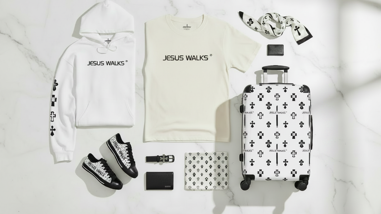 Jesus Walks Flat-Lay with Real Products